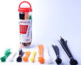 QualGear self-locking cable ties promo card with looped black tie and headline copy