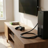 QualGear ultra high-speed HDMI 2.1 cable 8K 60 hz 4K 120 hz 48 gbps black, shown installed.