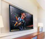 Large TV mounted flush on a wall with the QualGear QG-TM-090-BLK heavy duty fixed mount