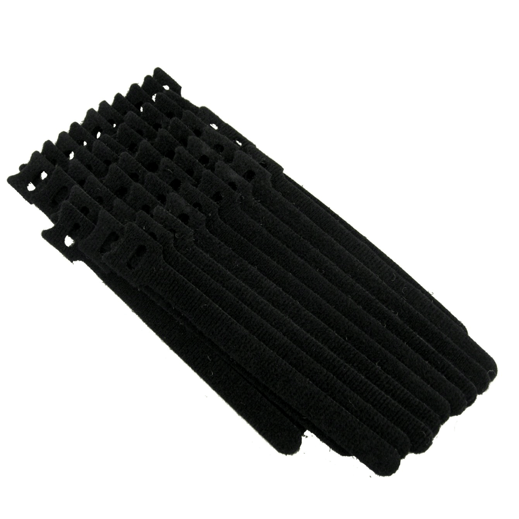 Five black QualGear hook-and-loop cable ties shown flat with 50-pack and 12 x 150 mm callouts