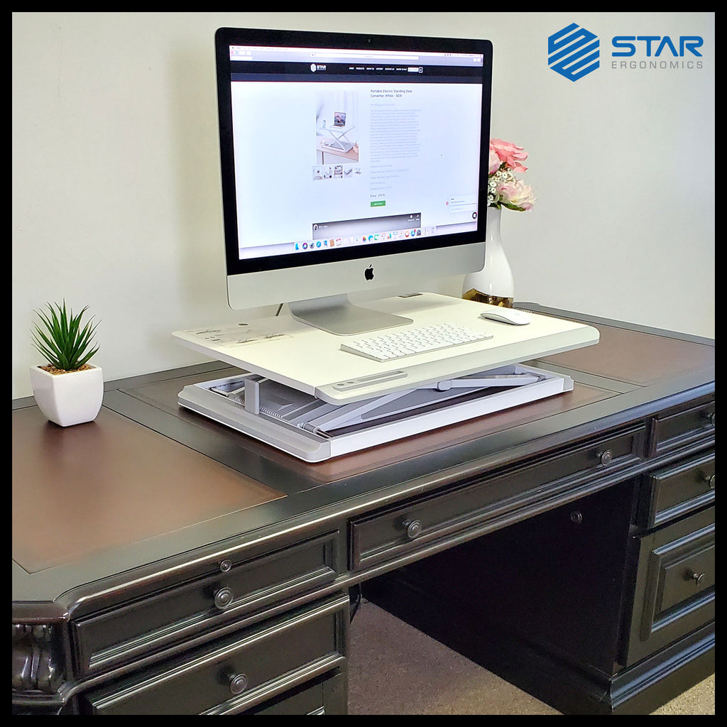 Star Ergonomics, Portable Electric Standing Desk Converter, SE91, White, Scratch and Fire Resistant Tabletop