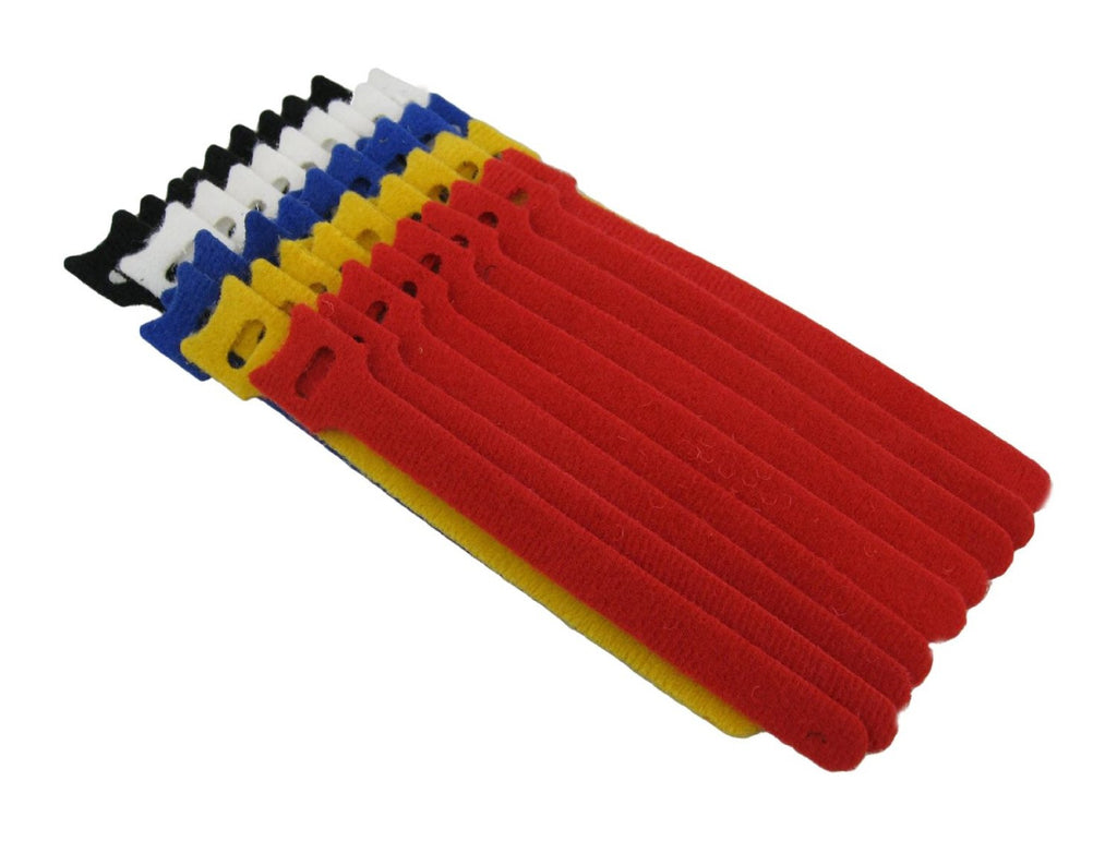 Red, yellow, blue, white, and black QualGear reusable cable ties fanned out, 1/2 x 6 in each