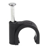 QualGear 10 mm nail-in cable clip in black with 10mm embossed on the saddle, from the 100-pack