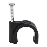 QualGear 12 mm nail-in cable clip in black with 12mm embossed on the saddle, from the 100-pack