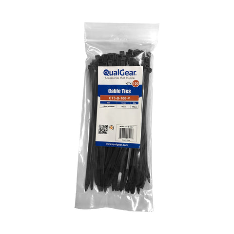 QualGear CT3-B-100-P Self-Locking Cable Ties, 4-Inch, Black, 100/Poly Bag