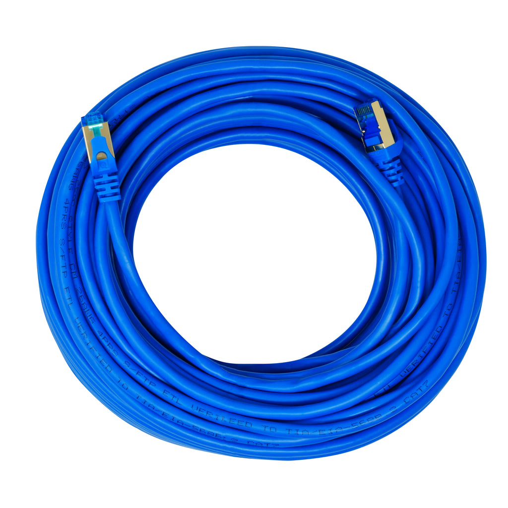 QualGear QG-CAT7R-100FT-BLU CAT 7 S/FTP Ethernet Cable Length 100 feet - 26 AWG, 10 Gbps, Gold Plated Contacts, RJ45, 99.99% OFC Copper, Color Blue